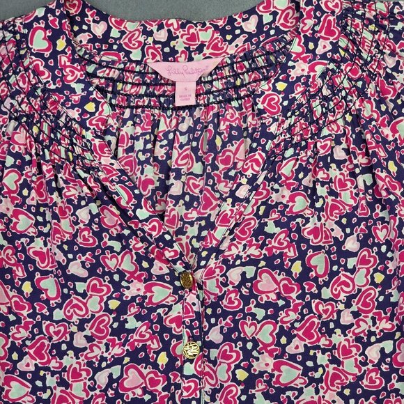 Lilly Pulitzer Shirt Womens Small Navy Pink Silk Heart Print Blouse Preppy Retro - Picture 3 of 12